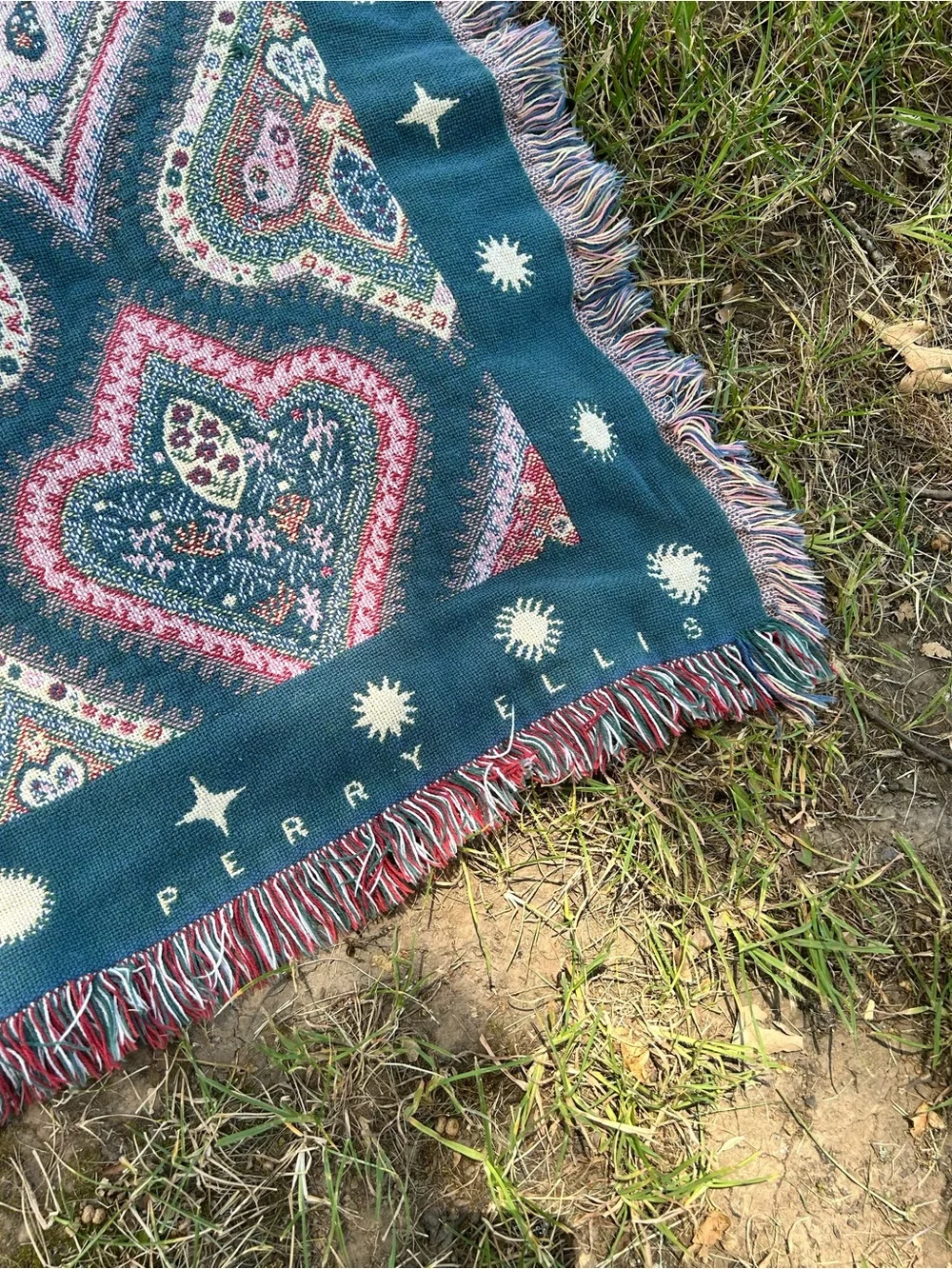 Vintage Patterned Boho Woven Throw Blanket - Teal, Pink, Cream